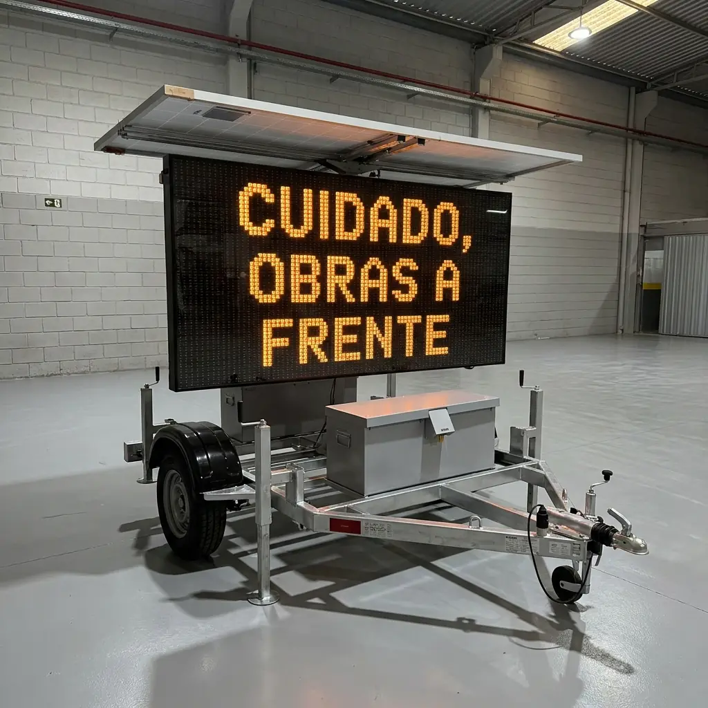 Painel de mensagem variável móvel Revlo com a mensagem CUIDADO, OBRAS A FRENTE em LED âmbar